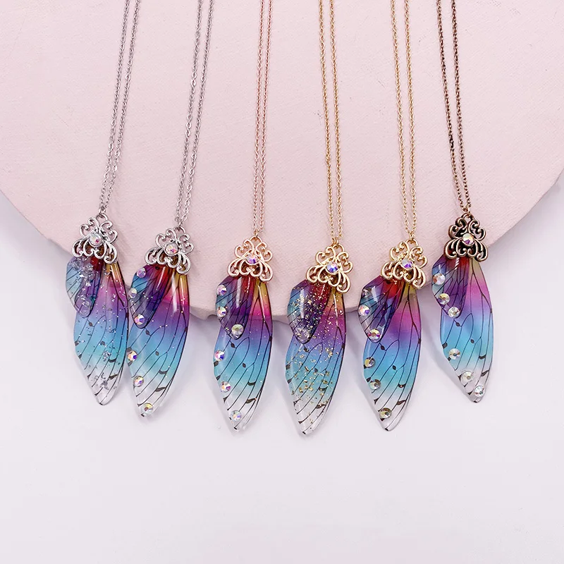 Handmade Fairy Rainbow Resin Butterfly Wing Pendant Necklaces for Women Girls Clear Shiny Rhinestones Flake Choker Necklace Gift