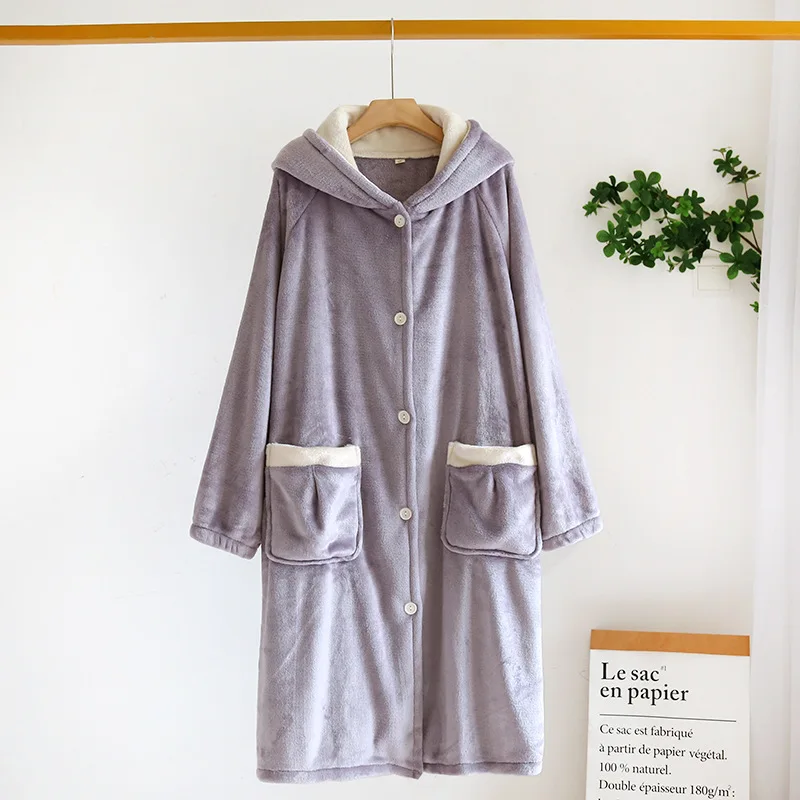 

Flannel Bathrobe Women Men Winter Warm Single-breasted Pocket Hooded Night Dressing Gown Soft Cute Long Sleepwear