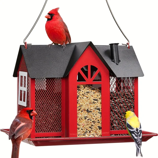 Bird Feeder House for Outside, Metal Mesh Wild Bird Feeder with Triple Feeders for Finch Cardinal Chickadee, Large Capacity Bird Feeder House for Outside, Metal Mesh Wild Bird Feeder with Triple Feeders for Finch Cardinal Chickadee, Large Capacity