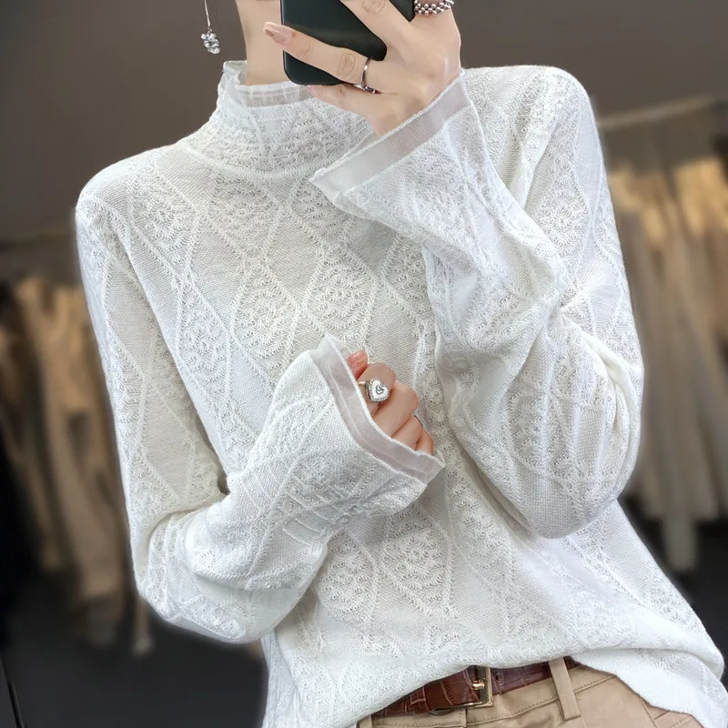 

Cashmere sweater Women 2023 Autumn and Winter fashion Lace Half turtleneck Cashmere sweater Women