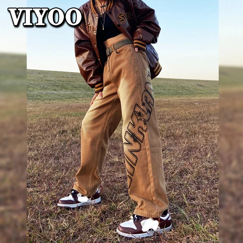 

Women's Brown Y2K Clothes Printed Jeans Men Baggy Oversized Brand Denim Straight Trousers Wide Leg Pant Streetwear For Women
