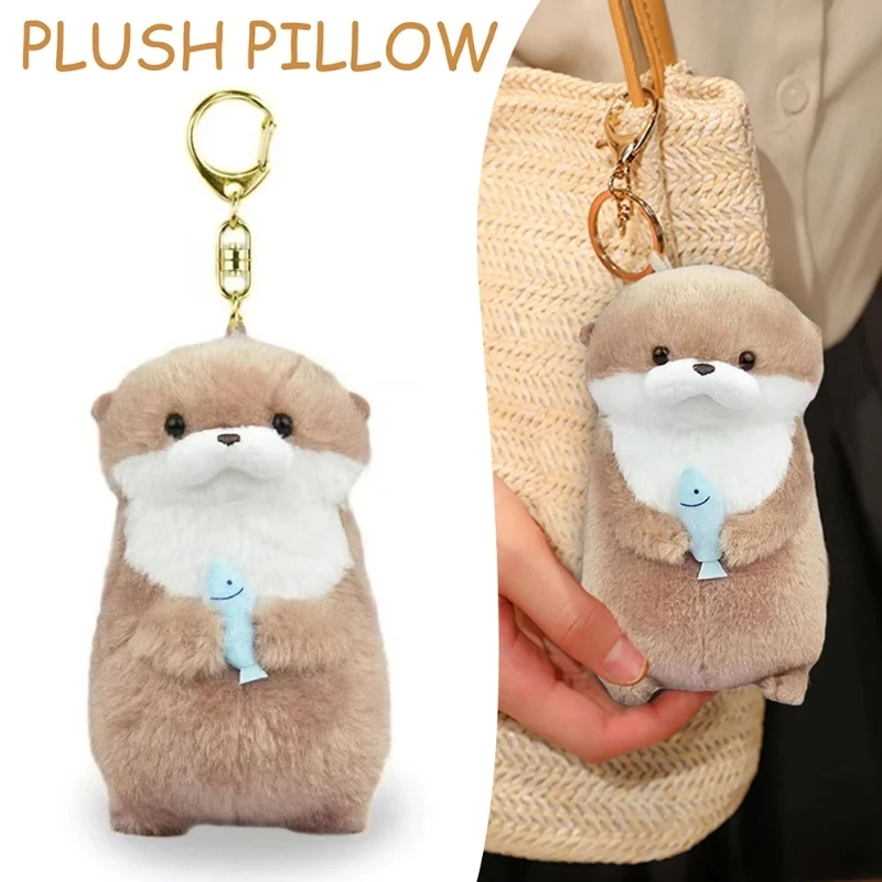 

11cm Keyrings Cute Otter Holding Fish Plushie Lightweight Hanging Pendant Props For Schoolbag Key Wallet Exquisite Birthday Gift