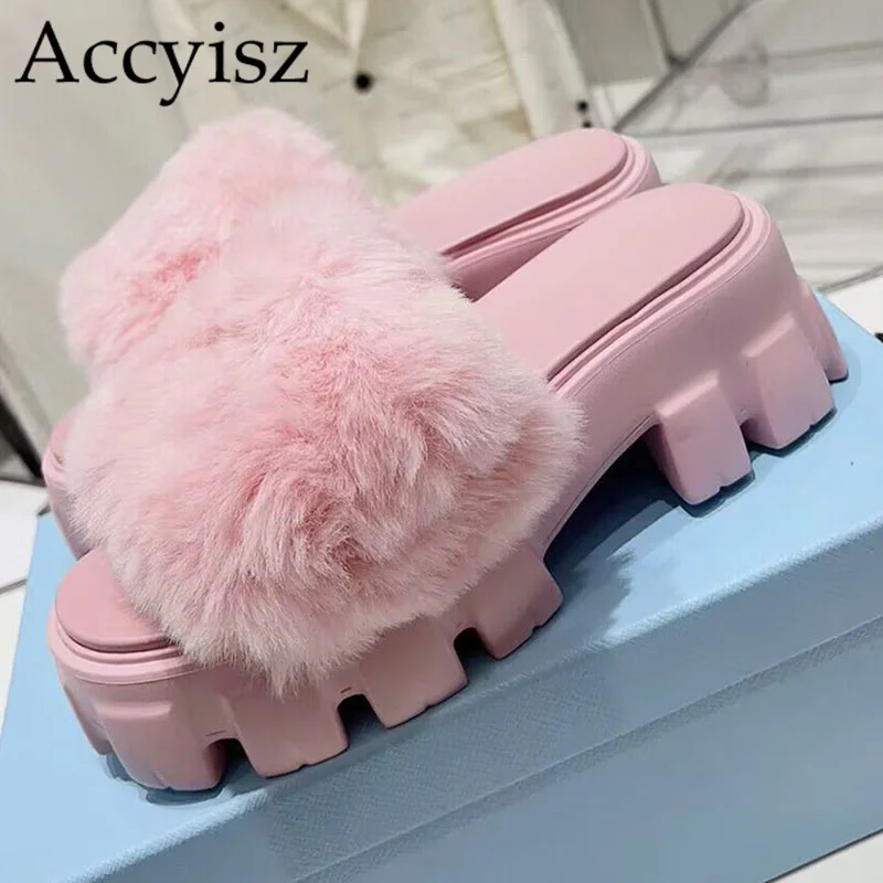

Autumn Winter New Comfort Shoes Platform Women Real Leather Wedges Heel Sandals Fashion Solid Color Fur Half Slippers 2023