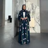 Muslim Women Abaya Hijab 2 Piece Set Black Floral Print Open Front V Neck Long Sleeve Silk Maxi Dress Islamic Modest Clothing