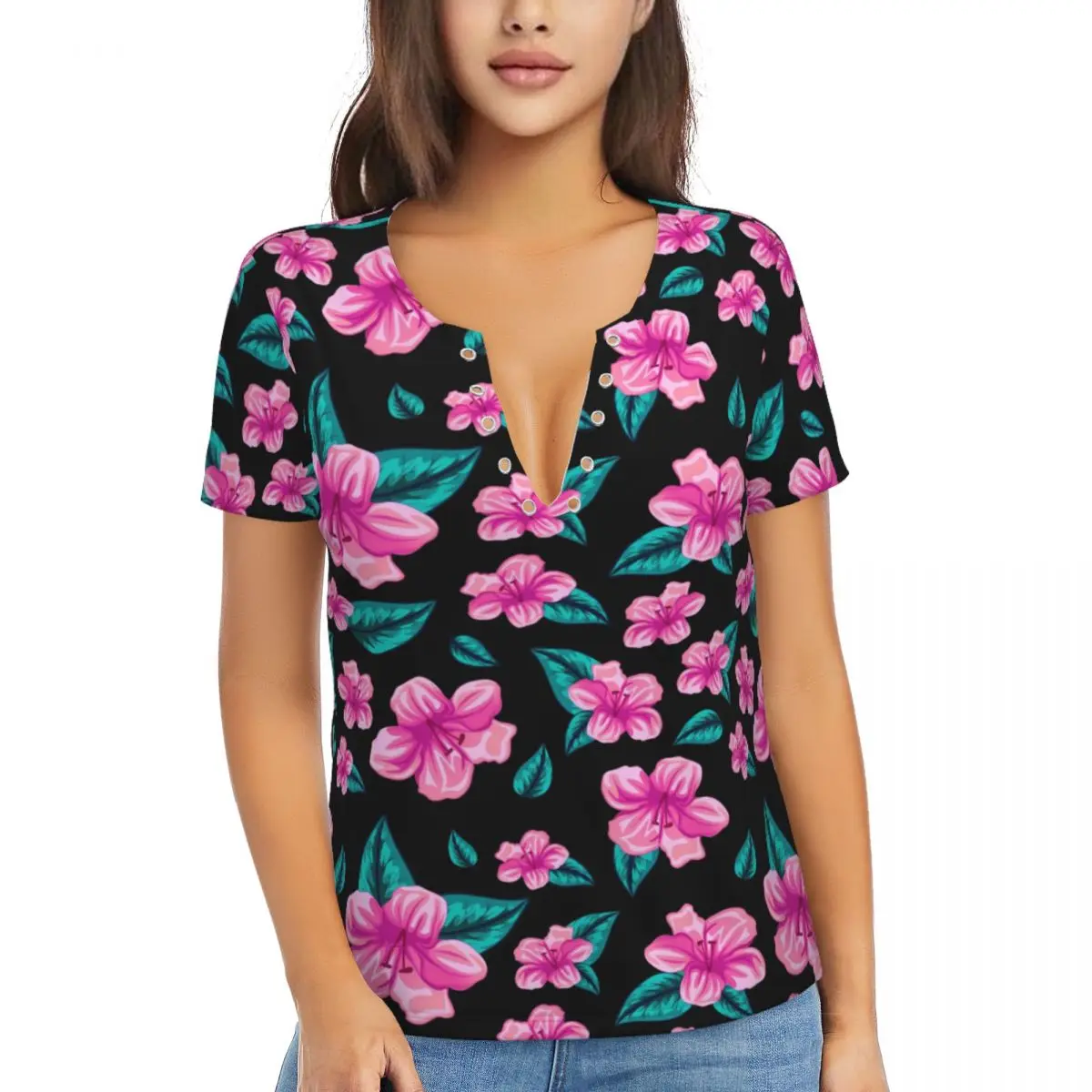 

Tropical Floral T-Shirts Hawaiian Flower Casual Deep V Neck T-Shirt Short-Sleeve Vintage Oversized Tees Summer Tops Streetwear
