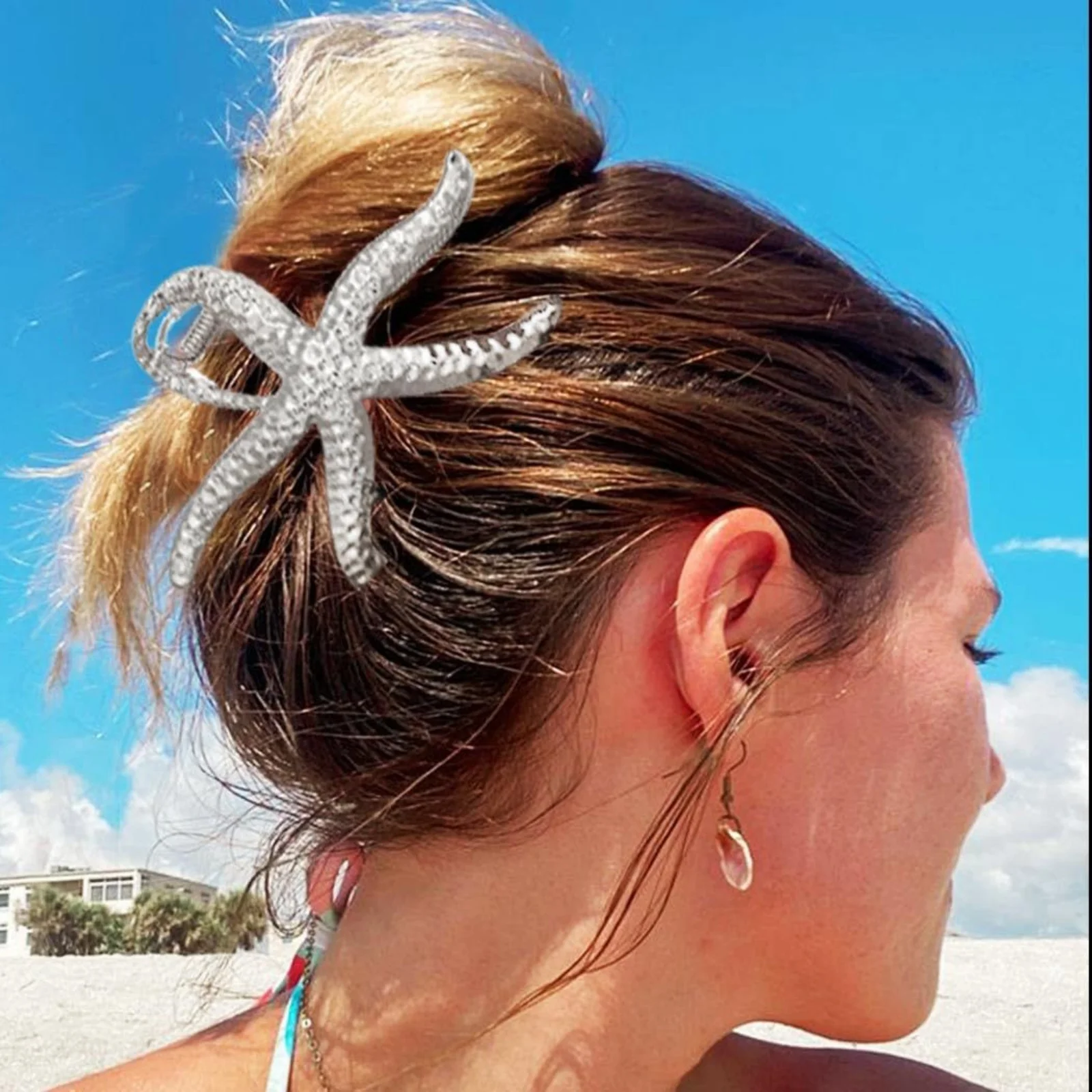 1PC Starfish - Shaped Hair Claw Clips, Gold & Silver Textured Metal Hair Grips, Chic Beachy Hair Accessories for Women