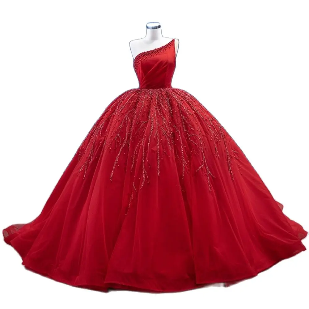 

Gorgeous Quinceanera dresses Ball Gown One Shoulder Beading Crystal Red Tulle Vestidos Burgundy Princess Sweet 16 QE1128