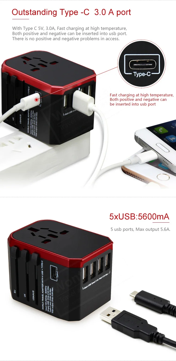 Travel Smart Adapter - International Plug USB Type C Charger for iPhone iPad Android US EU UK AU