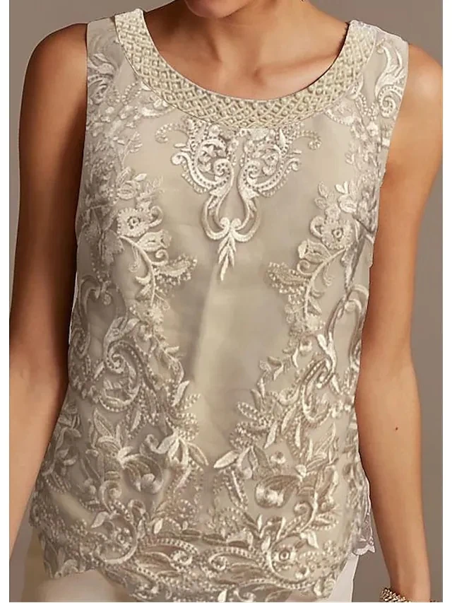 Pantsuit Jumpsuit Mother of the Bride Dress Jewel Neck Floor Length Chiffon Lace 3/4 Sleeve Beading Appliques