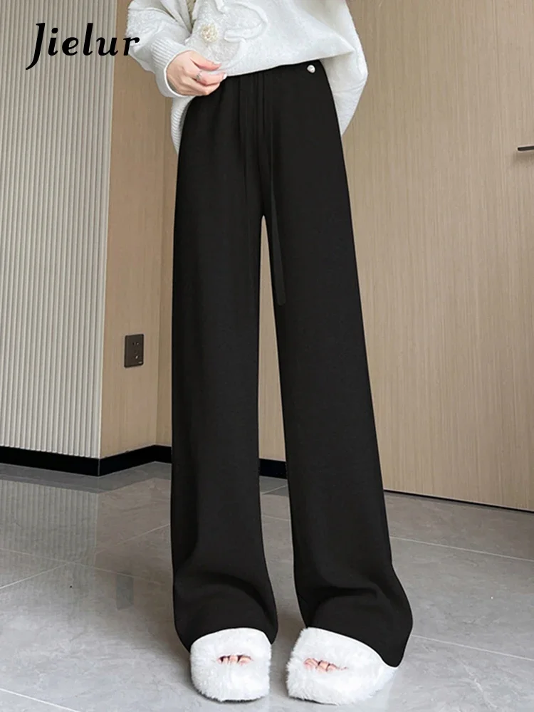 Jielur Knitted Lace-up High Waist Women Pants Simple Fashion Streetwear Straight Loose Casual Solid Color Female Wide Leg Pants