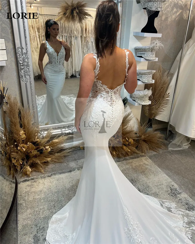 LORIE Sexy V Neck Mermaid Wedding Dresses Backless Satin Sleeveless Bride Dress Elegant Lace Modest Wedding Gowns 2023Customized 2
