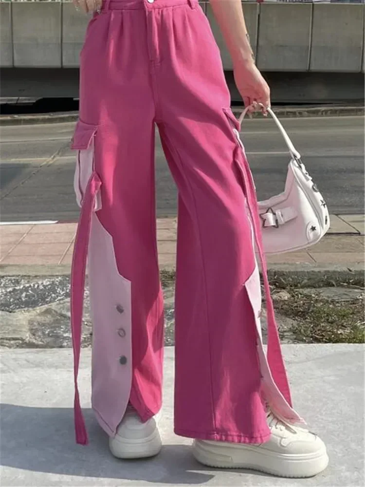 Pink Women Cargo Pants Loose Baggy Pants Korean Fashion High Waist Trousers Moda Pantalones Anchos Y Sueltos Mujer