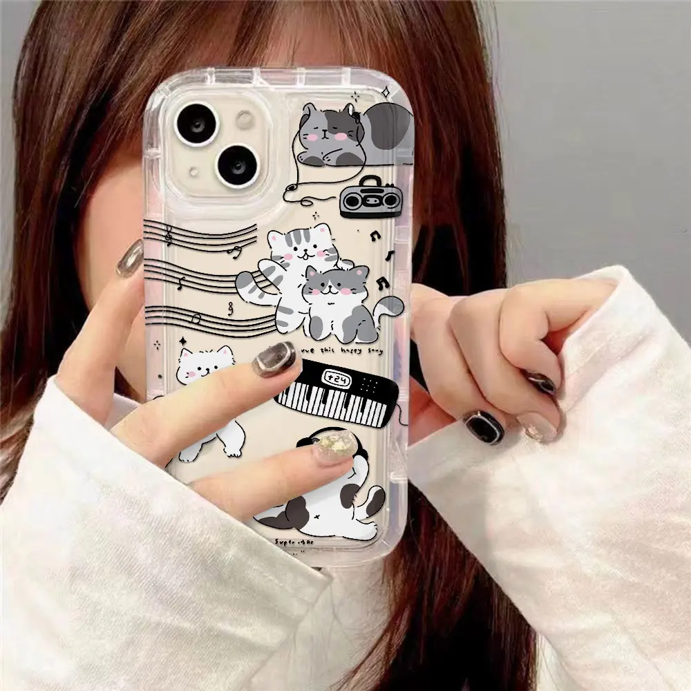 Luxurious Black Guitar Music Cat Clear Shockproof Airbag Case