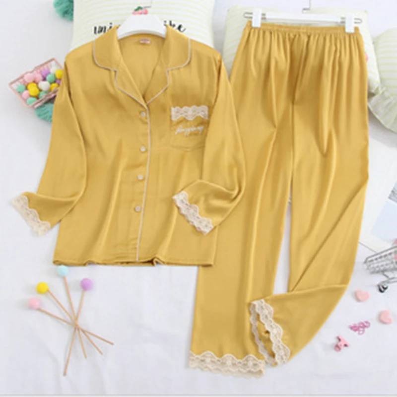 Satin Pajamas Set Faux Silk Women Sleepwear Shirt&pants Casual Lace Pijamas Lounge Wear Spring