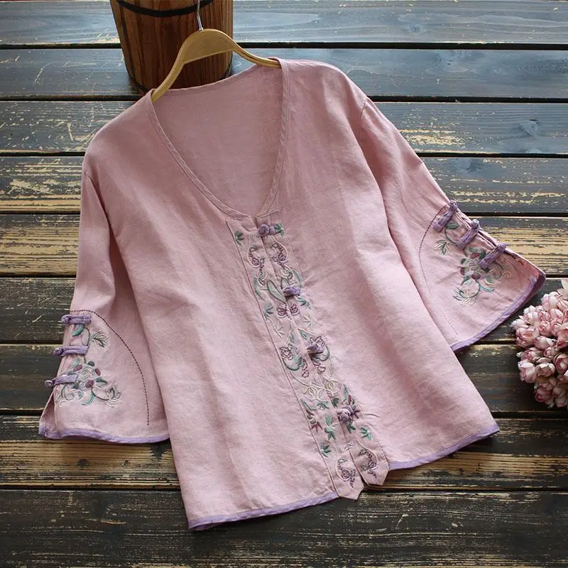 Women Chinese Shirt Traditional Embroidery Cheongsam Hanfu Loose T-shirt Thin Vintage