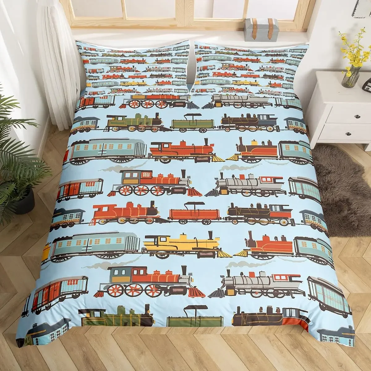 Train Bedding Set Vehicles Duvet Cover for Boys Children Teens Bedroom Decor Print Comforter Cover Set