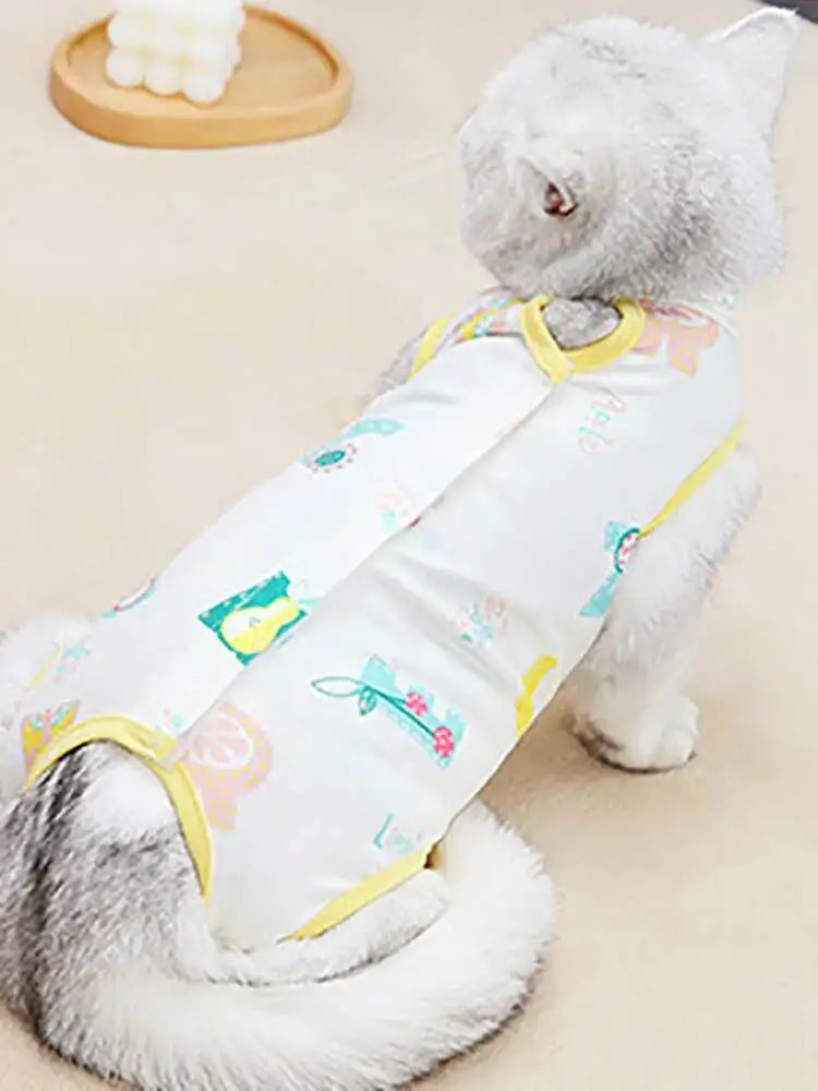 고양이 스피레이 수술 후 회복복, 핥음 방지 프린트 부드럽고 얇은 통기성 민소..