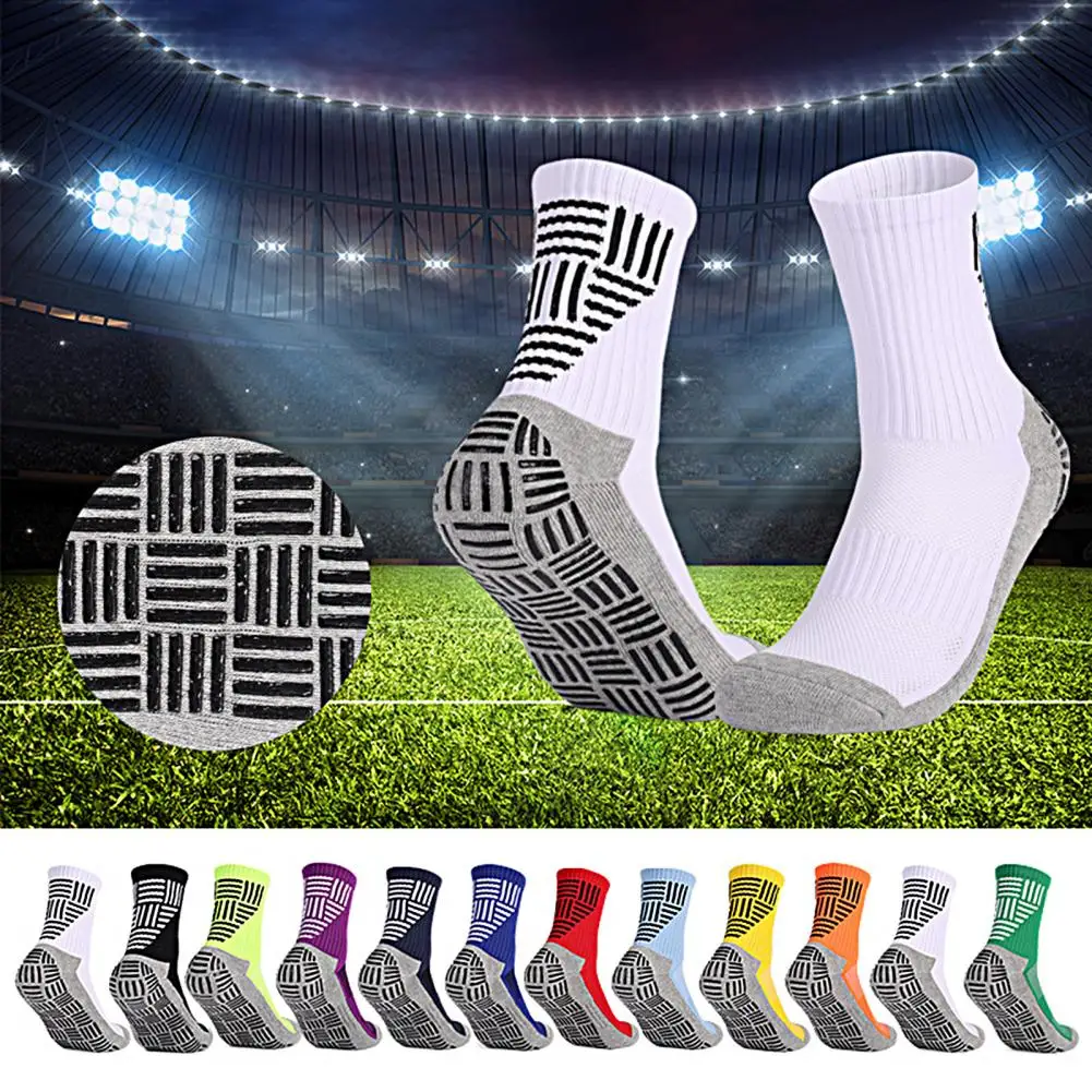 Sports Socks 1 Pair Football Socks Anti-slip Sweat-absorbent Striped Mid Calf Men Soccer Cycling Sports Grip for Running
