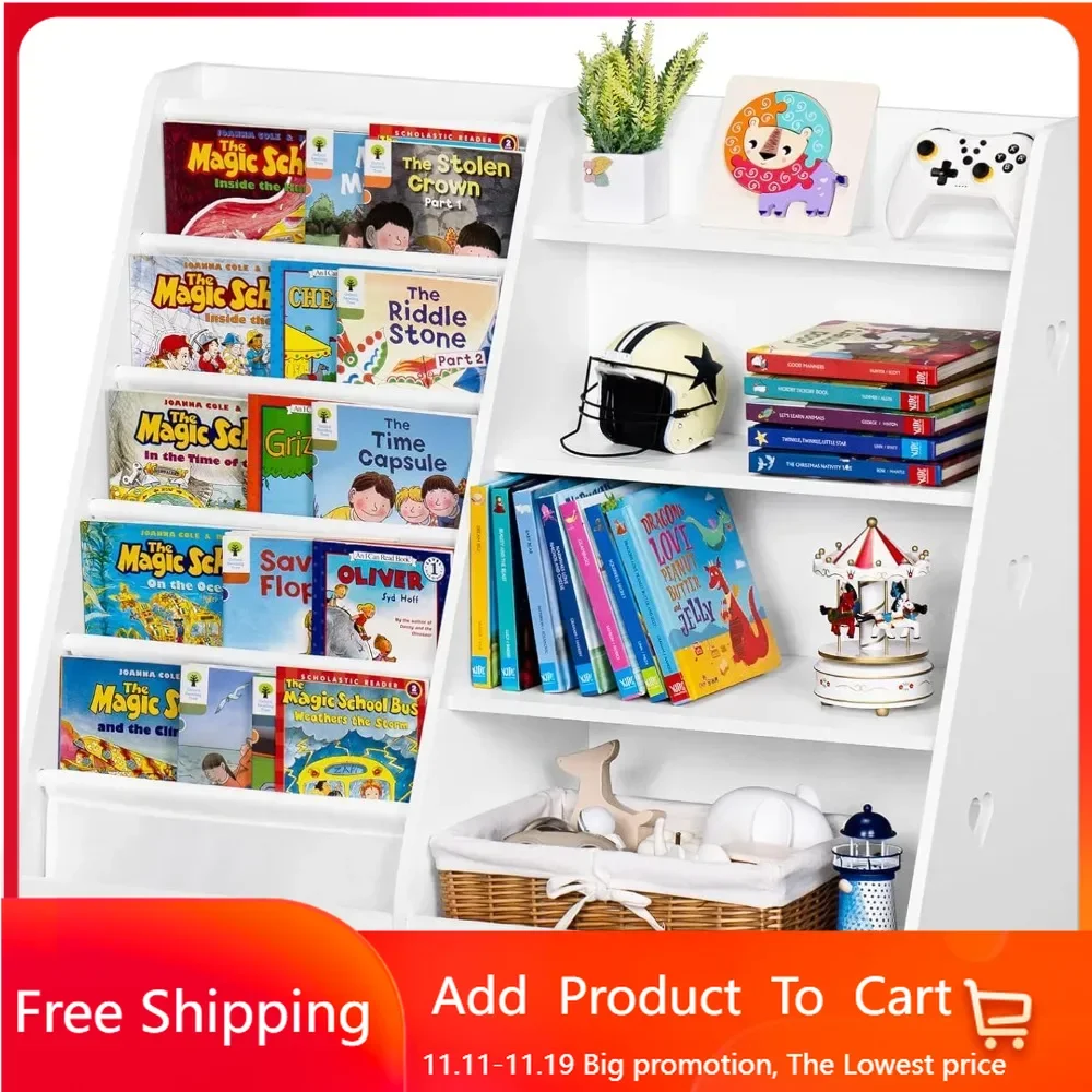 4 Tier Kids Bookshelf and Storage Organizer, Five Layer Sling Children Bookcase, Baby Toddler Wooden Book Shelf