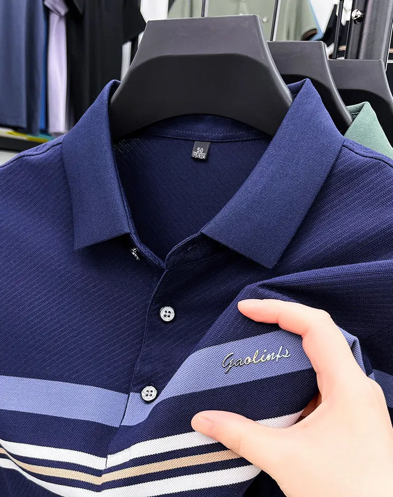 Light luxury brand striped decoration short sleeve polo shirt fashion embossed summer comfort breathable casual men's T-shirt 13 S65557d31fae54b41ad9f2b037aff2e244