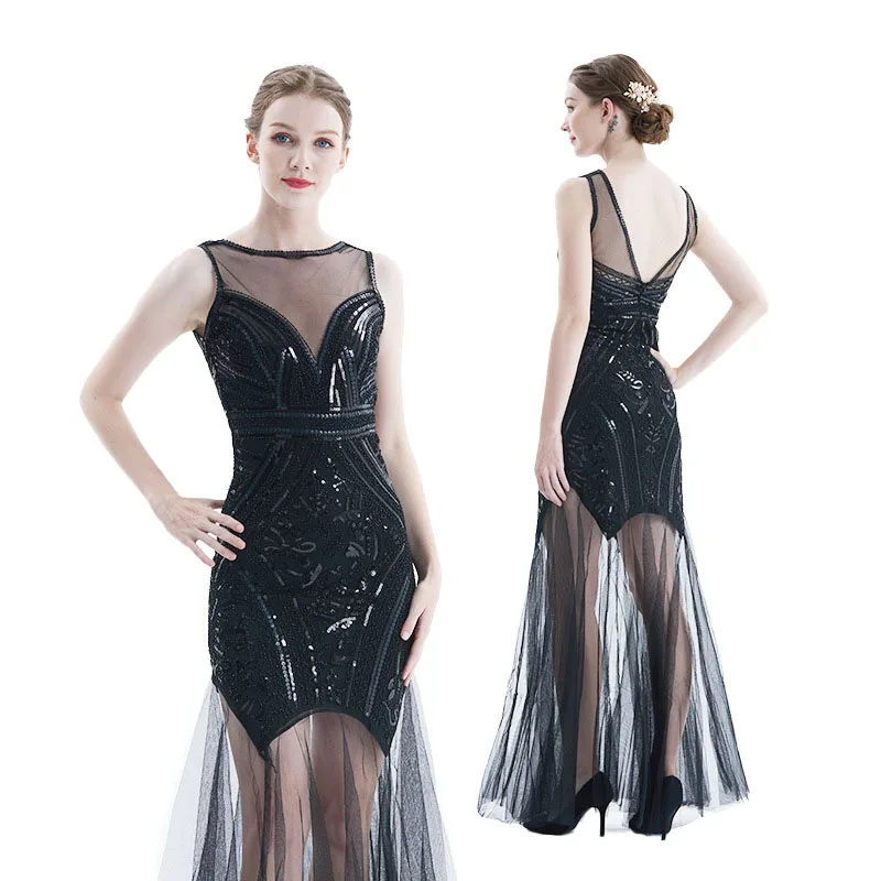 

Backless Mesh Splicing Dress 1920s Sexy Perspective Party Evening Longuette Great Gatsby Flapper Sleeveless Sequin Vest Skirt