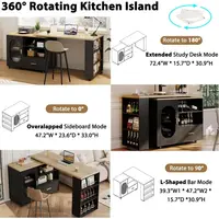 72in Swiveling Kitchen Island with Storage, Seating, and Shelves - Black Oak Mobile Cart for Dining & Home Bar 4