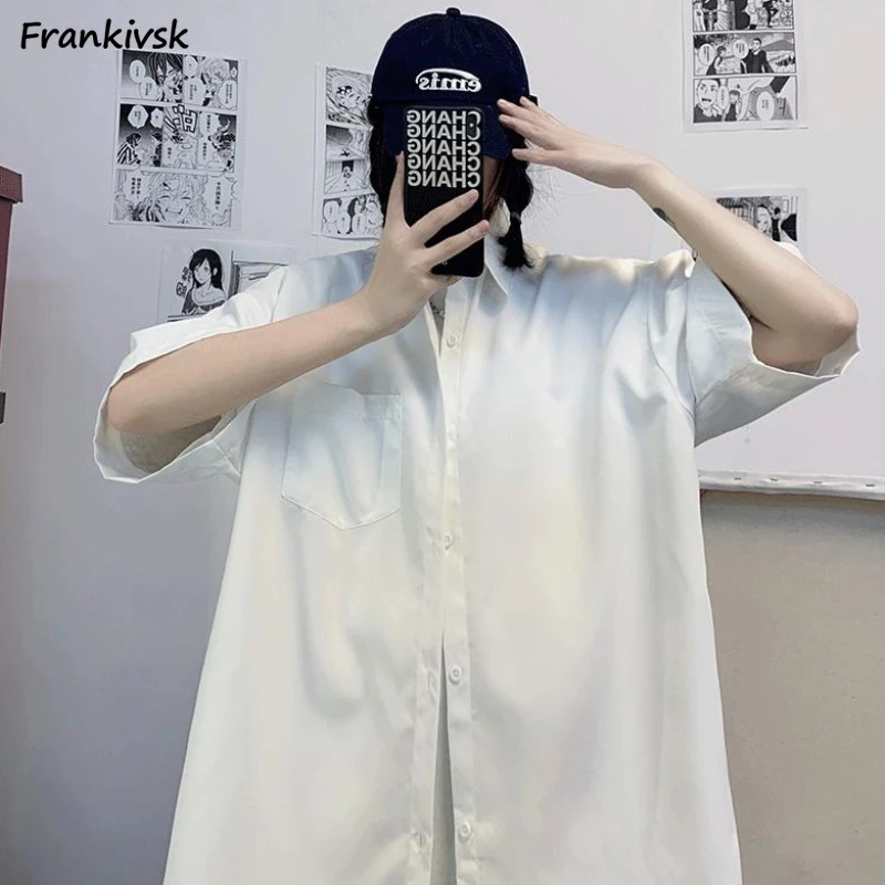 

Solid Shirts Women Summer Baggy Chic Preppy Style Students Half Sleeve Vitality Leisure Button Lapel Stylish Versatile Classic