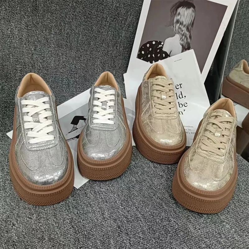 

Женские туфли на толстой подошве, новинка весны 2024, туфли из жареной кожи с круглым носком, золотистые туфли