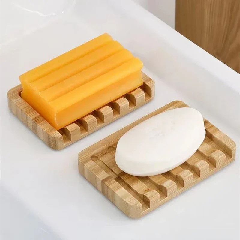 Wooden Soap Dishes with Water Drain Natural Home Portable Bamboo Soap Sponge Holder Bathroom Accessories Organizer Tray