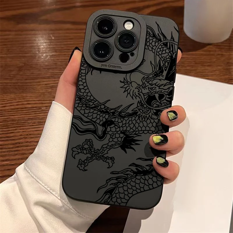 Elegant Matte Black Chinese Dragon Silicone Phone Case - Shockproof and Soft Cover