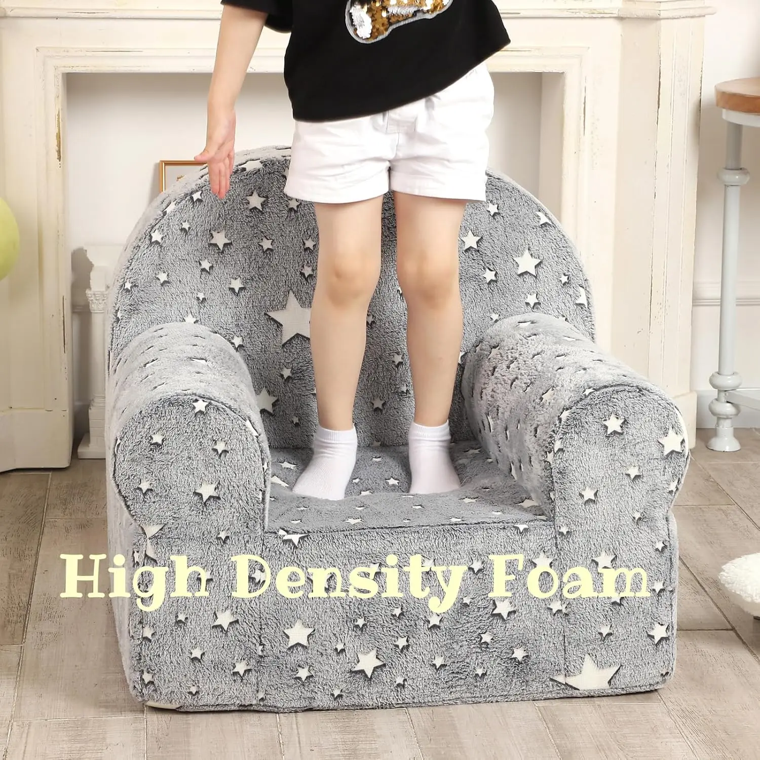 Little Star Kids Sofa with Star Throw Pillow, High Back Toddler Chair Glow in The Dark for Boys and Girls, Grey 6