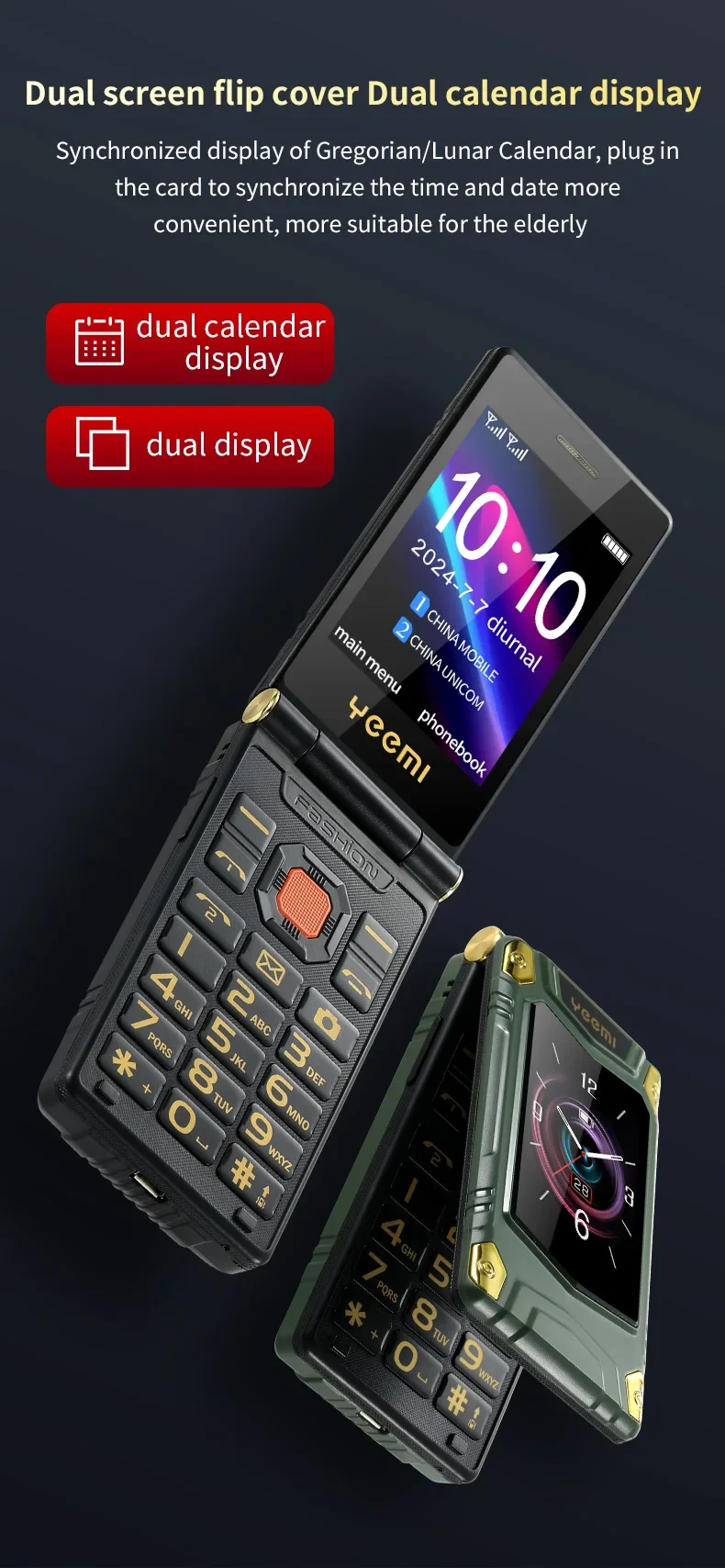 YeeMI M7+ 4G Rugged Feature Phone Dual SIM Dual Screen Large Fonts For Old Man 6800mAh Cellphone SOS Russian Hebrew keyboard