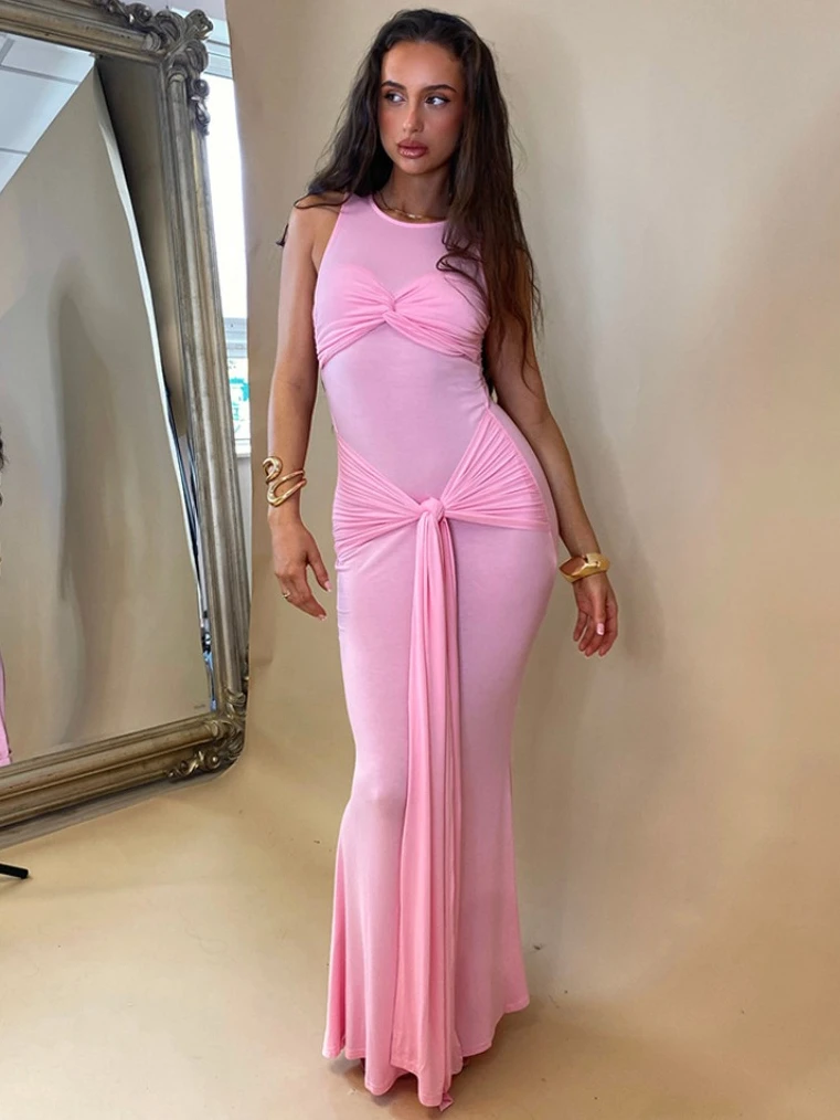 

Women Chic O-neck Sleeveless Bandage Summer Tank Dress 2024 Female Bodycon Folds Long Party Evening Dresses Pink Vacation Outfit