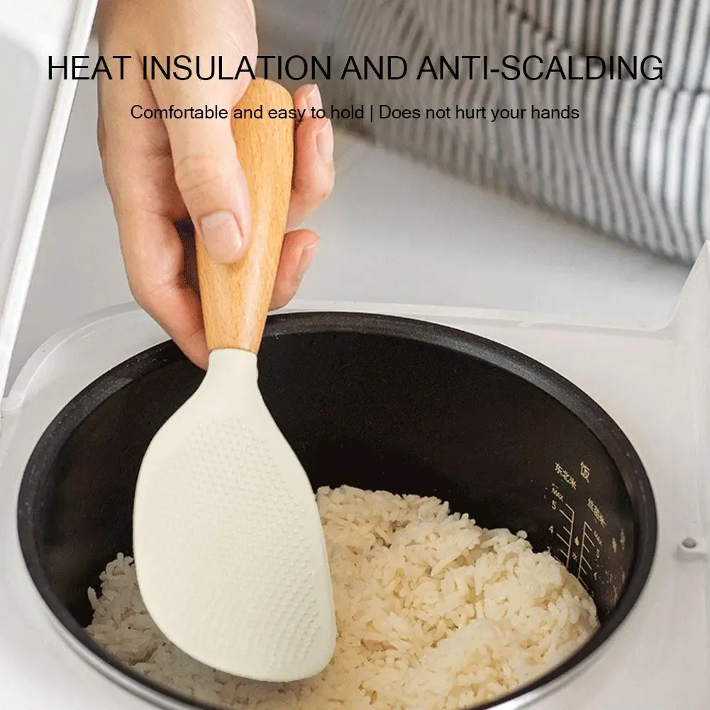 Silicone Rice Spoon Non-stick Cooking Spoon Anti Scalding Paddle Shovel Spatula Wooden Handle For Tableware Kitchen Gadgets