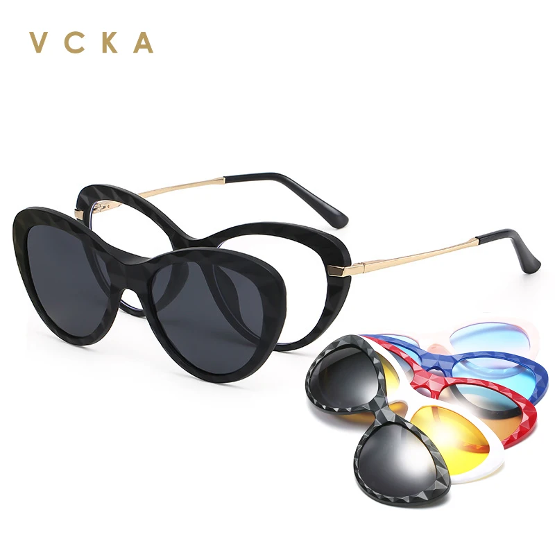 VCKA Cat Eye Prescription Glasses Myopia -0.5 to -10 With Fashion Magnet  Clip Customize Sunglasses Men Women Short Sighted