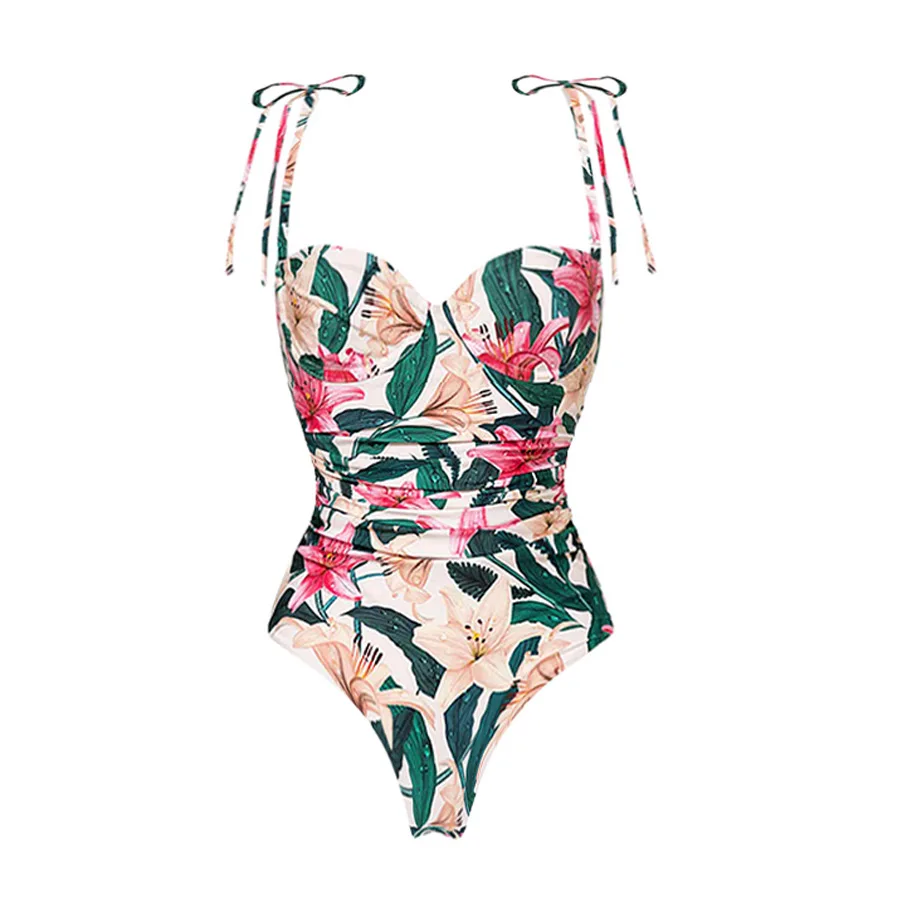 Women's Tight Vacation Swimwear Beachwear Cover Up Shoulder Strap Beach Vacation Floral One-piece Swimsuit Suit