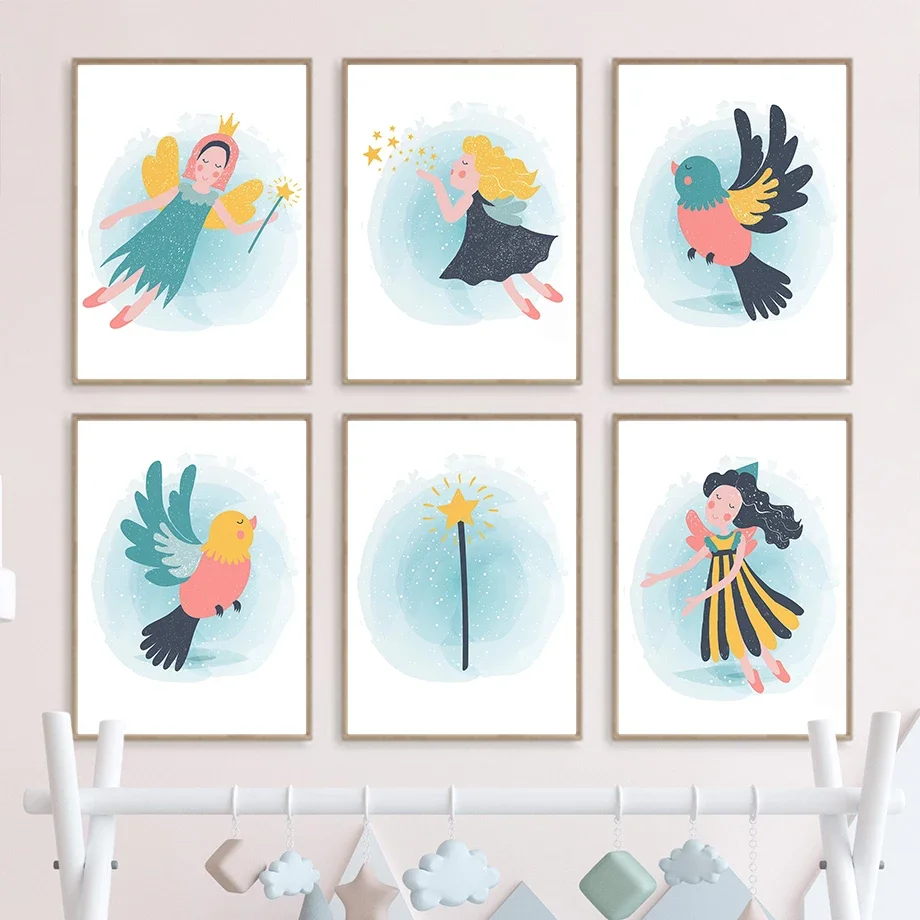 

Cartoon Magic Girl Wing Bird Wall Art Canvas Painting Nordic Posters And Prints Nursery Wall Pictures For Girls Kids Room Decor