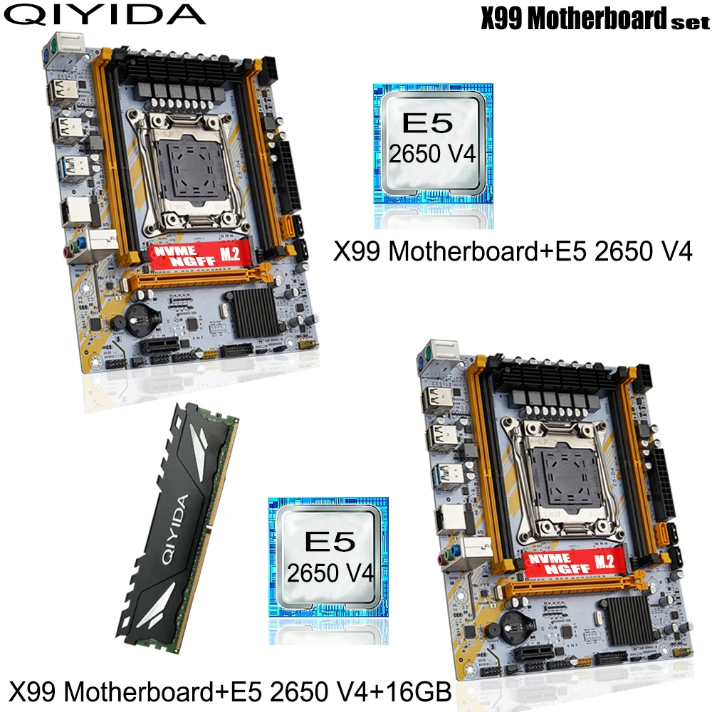 QIYIDA X99 Motherboard Set LGA 2011-3 Kit Xeon E5 2650 V4 CPU Processor With 16GB DDR4 ECC RAM Memory SSD NVME M.2 M-ATX E5 D4