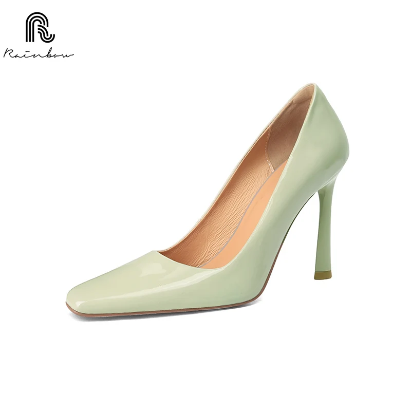 RAINBOW 33-40 Handmade Genuine Leather Shoes Trend Luxury Women Pumps Pointed square Toe High Heels Party Elegant Ladies Office 5