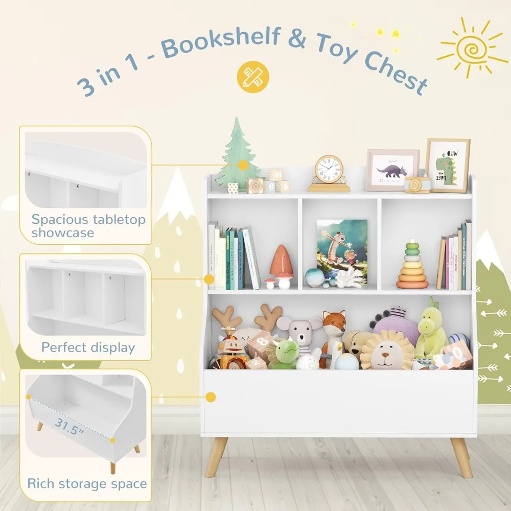 Kids Bookshelf and Toy Storage, 3-Tier Wooden Open Bookcase, Baby Book and Toy Storage Display Organizer with Spacious Top Shelf 4