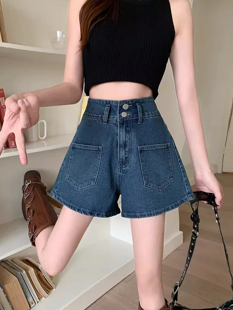 New Women Summer Denim Shorts Fashion High Waist A-Line Plus Size Shorts Simplicity Casual Basic Blue Denim Shorts