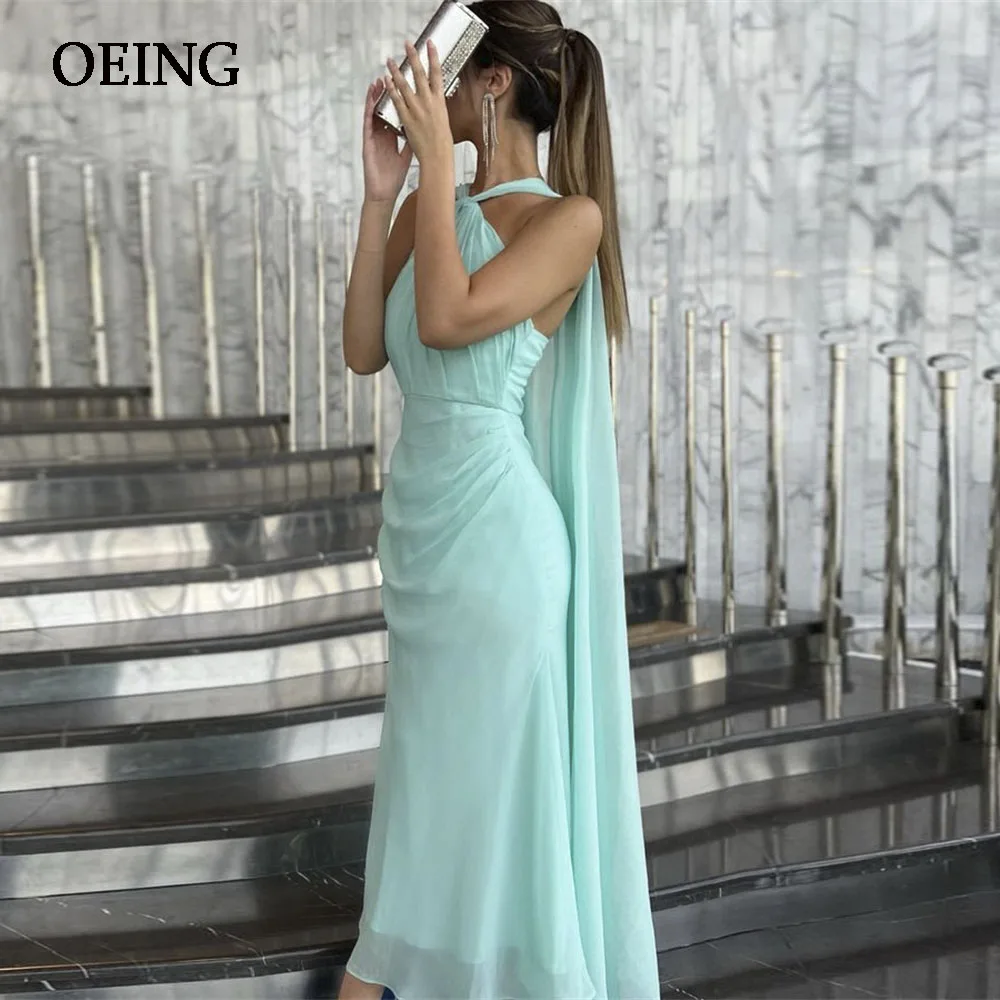 

OEING Chic Tiffany Blue Prom Dresses Halter Evening Dress Floor Length Formal Occasion Gowns Customer Made Vestidos De Noche