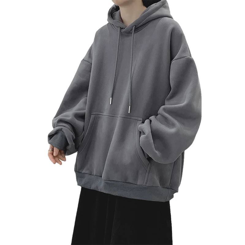 Dark Grey Hoodie Men Sweatshirt Autumn Winter Clothes Pure Color Y2k  Pullover Top Boy Version Trend Loose Fleece Coat Oversized - AliExpress