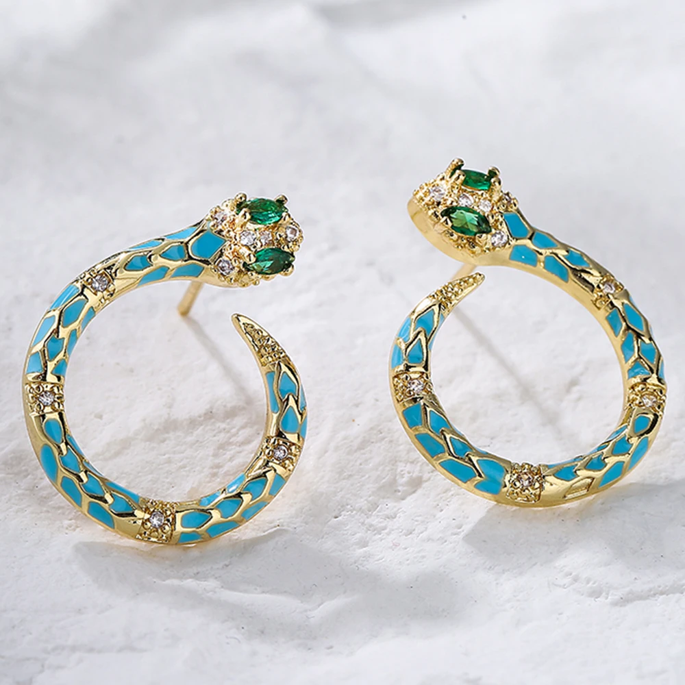 Pendientes de serpiente cristal zircón azul o aros verdes de bronce Cobra Aretes de serpiente de