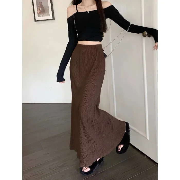 Cintura alta a-line plissado cauda de peixe saia feminina início do outono 2025 casual emagrecimento vestido longo estilo preguiçoso saias de meio comprimento