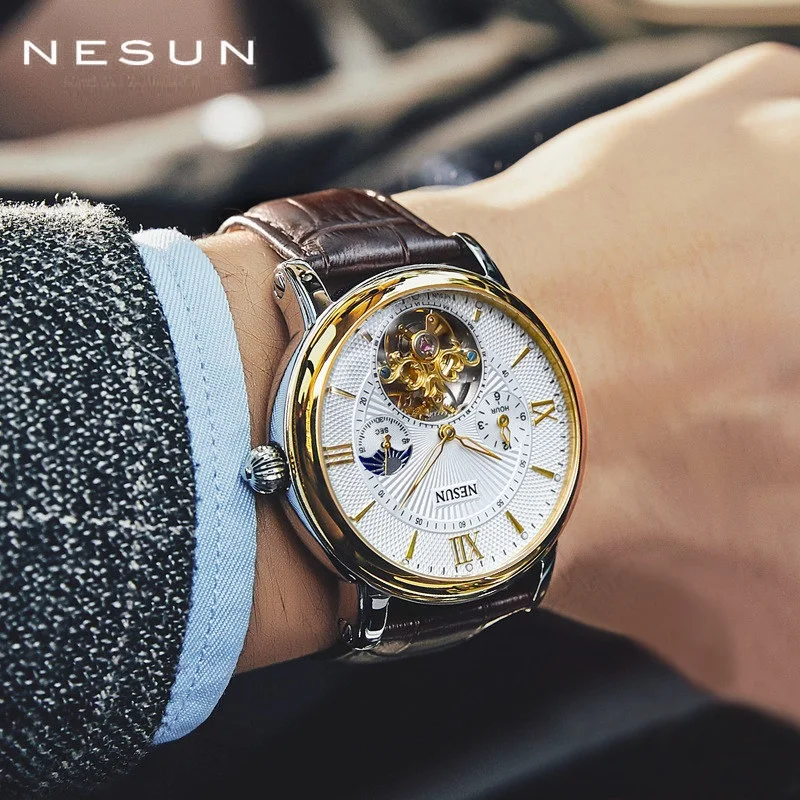Nesun-relógio de Pulso Mecânico Masculino Relógio Automático Turbilhão Esqueleto Couro Esportes Suíça Novo - Image 3