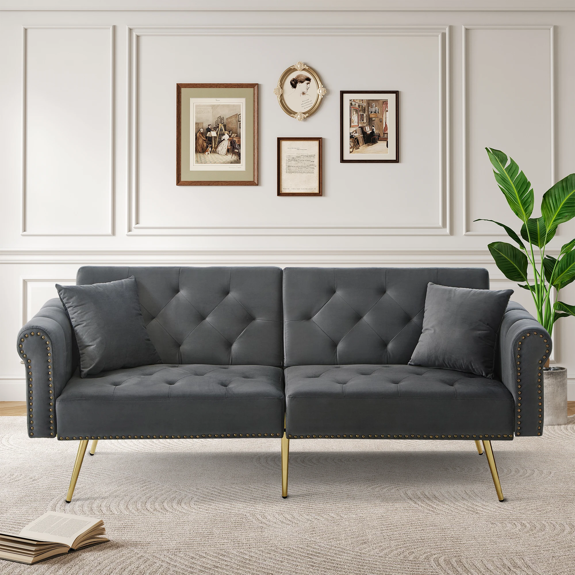 KOMHTOM 2 Sitzer Schlafsofa Mit Samtbezug Rückenlehne 3 Stufiger Verstellung Und Vergoldeten Metallfüßen Sofa Mit Schlaffunktion – Detail 1
