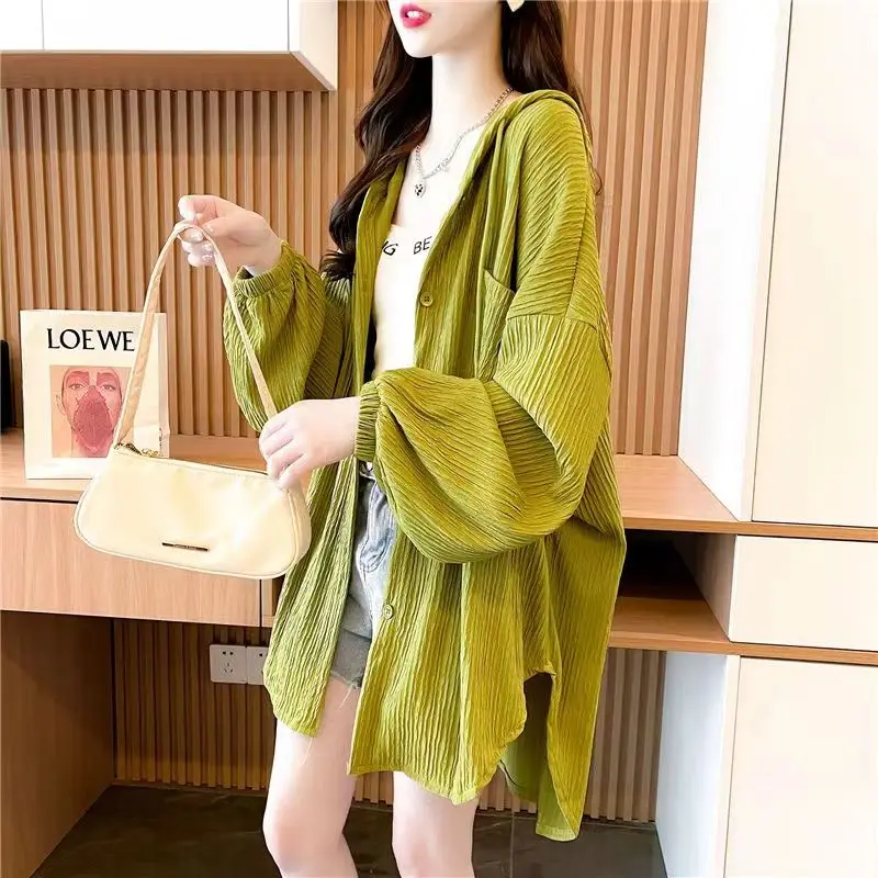 2024 Female Korean Mid Length Hooded Sunscreen Clothing Women Spring Summer Thin Loose Casual Stylish Shirt Sun Protection Coat