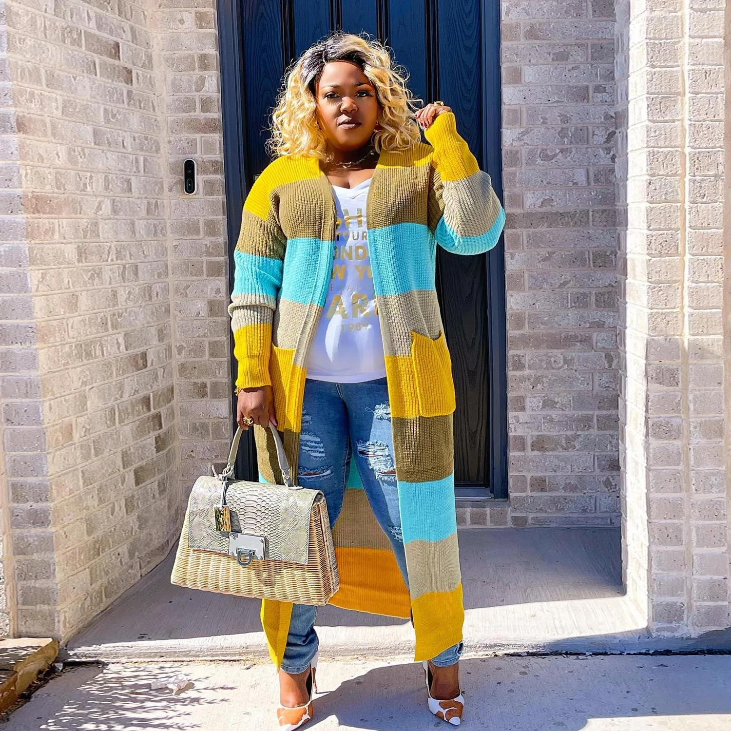 Plus Size Women's Long Coat 2022 Autumn Striped Sweater Female Fashion Jacket Designer Lady Fall Casual Trench Coat Wholesale