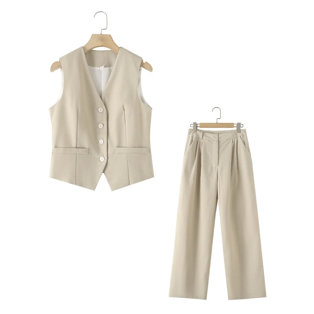 BM&MD&ZA 2024 early autumn women's new commuting versatile slim sleeveless cotton and linen vest mid-waist trousers suit 2